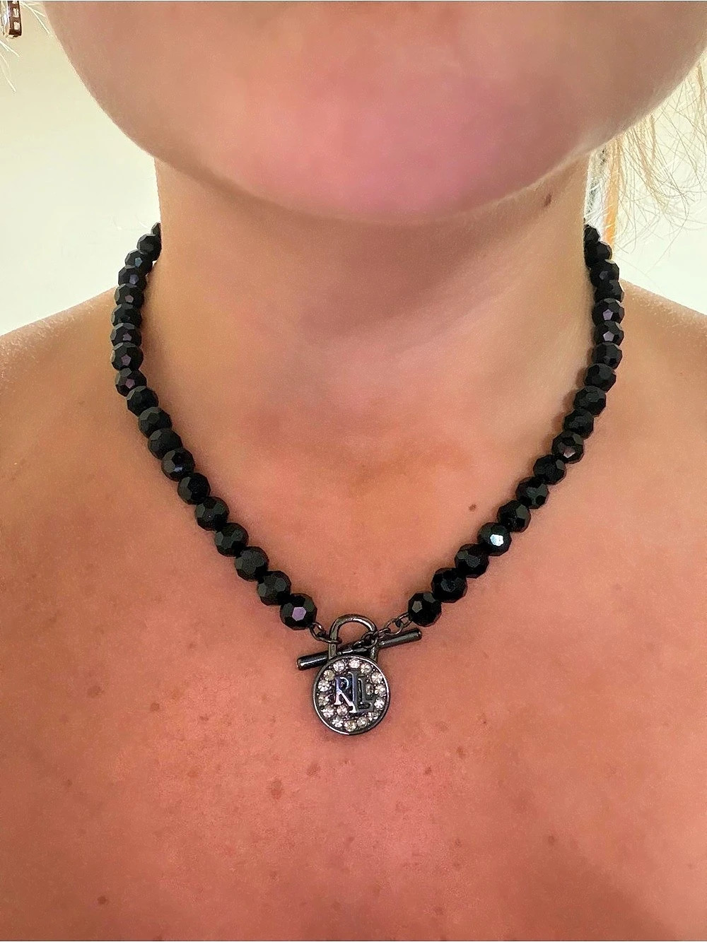 Lauren Ralph Lauren Black Faceted Beaded RL Rhinestone Pendant Necklace
